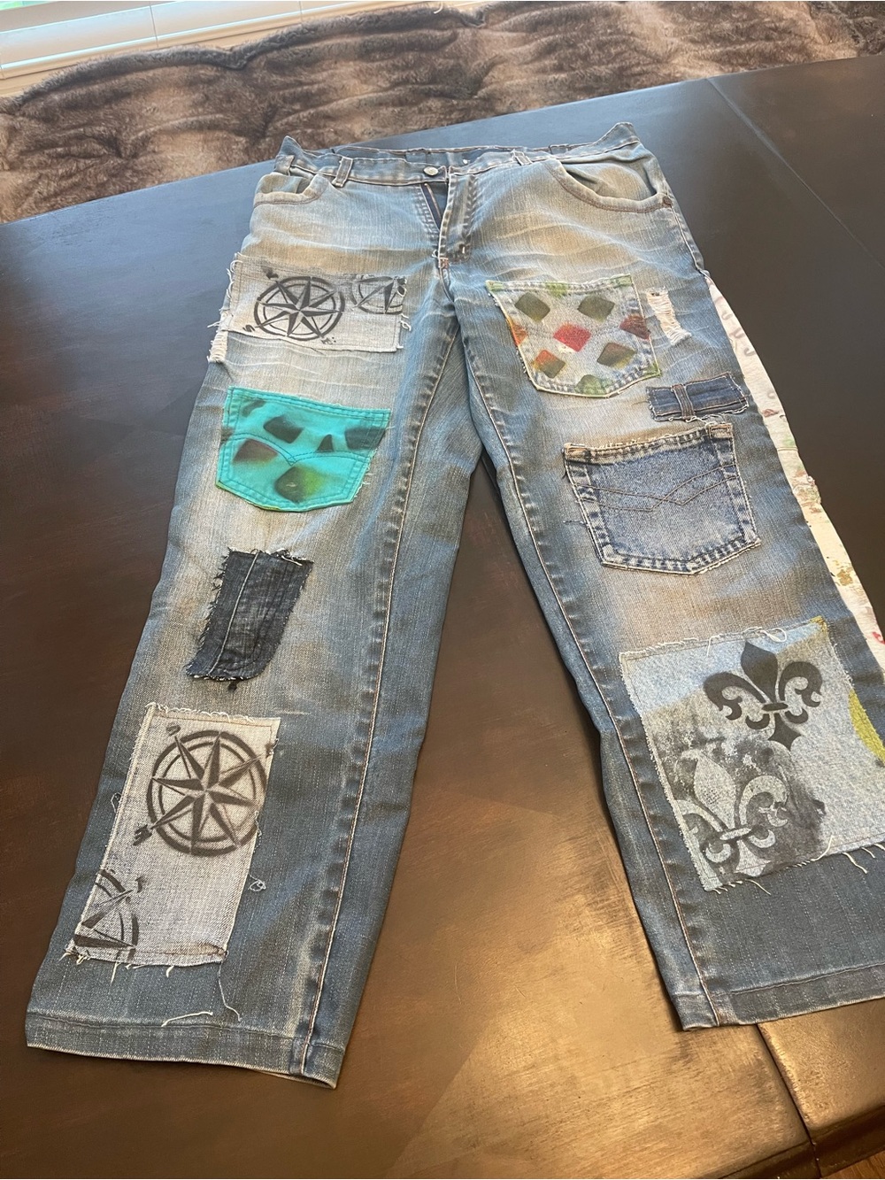 Ultra Baggy Boyfriend Patchwork Light Blue Women’s Jeans with Artistic Prints